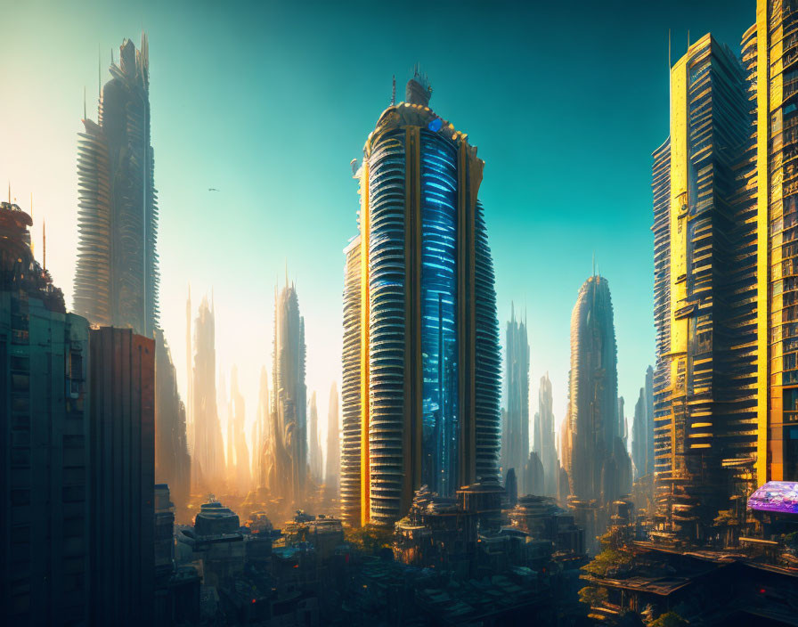 Golden sunlight illuminates misty futuristic cityscape.