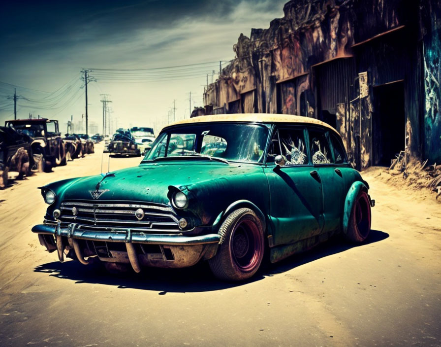 Abandoned vintage car with lowered suspension on dusty road