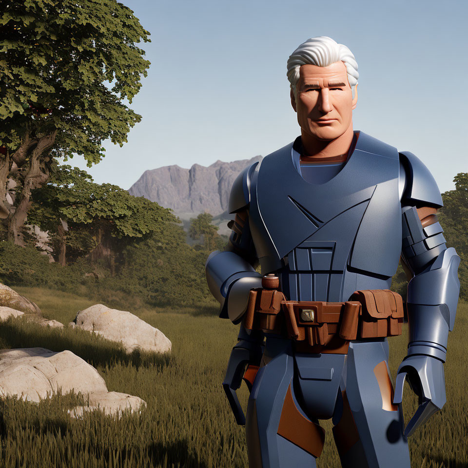 Silver-Haired Male Character in Futuristic Armor 3D Render in Grass Landscape