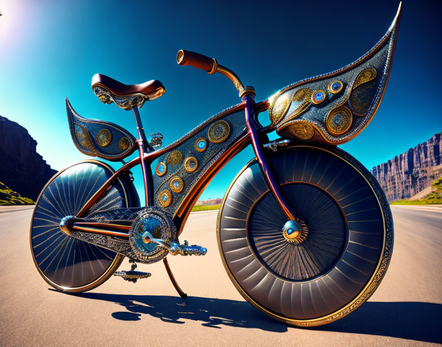 Stylized bicycle with wing-like decorations on rocky cliff backdrop