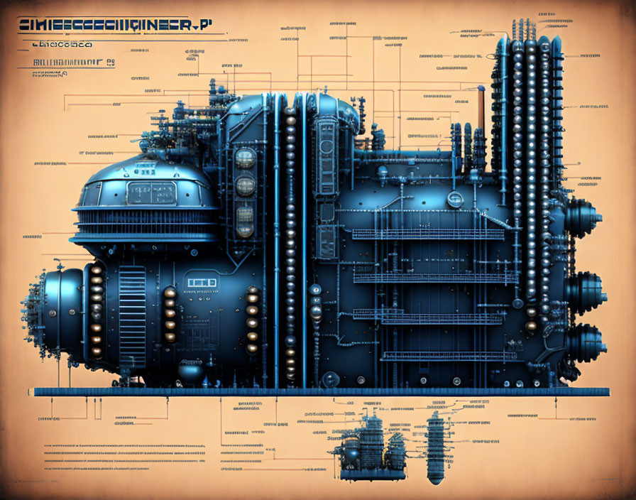 Detailed Schematic Blueprint of Complex Machinery with Annotations