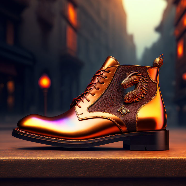 Brown Leather Boot with Detailed Design on City Street Background at Twilight