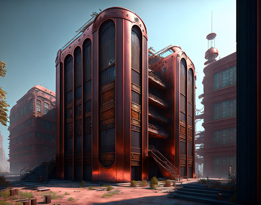 Curved copper-toned buildings in futuristic urban landscape