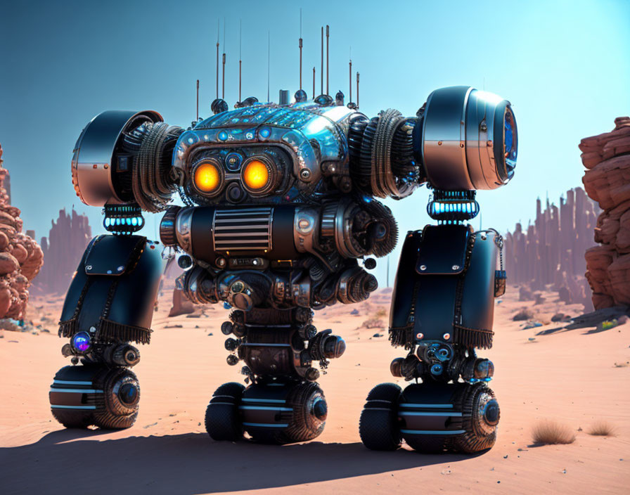 Futuristic robot with glowing eyes in desert landscape