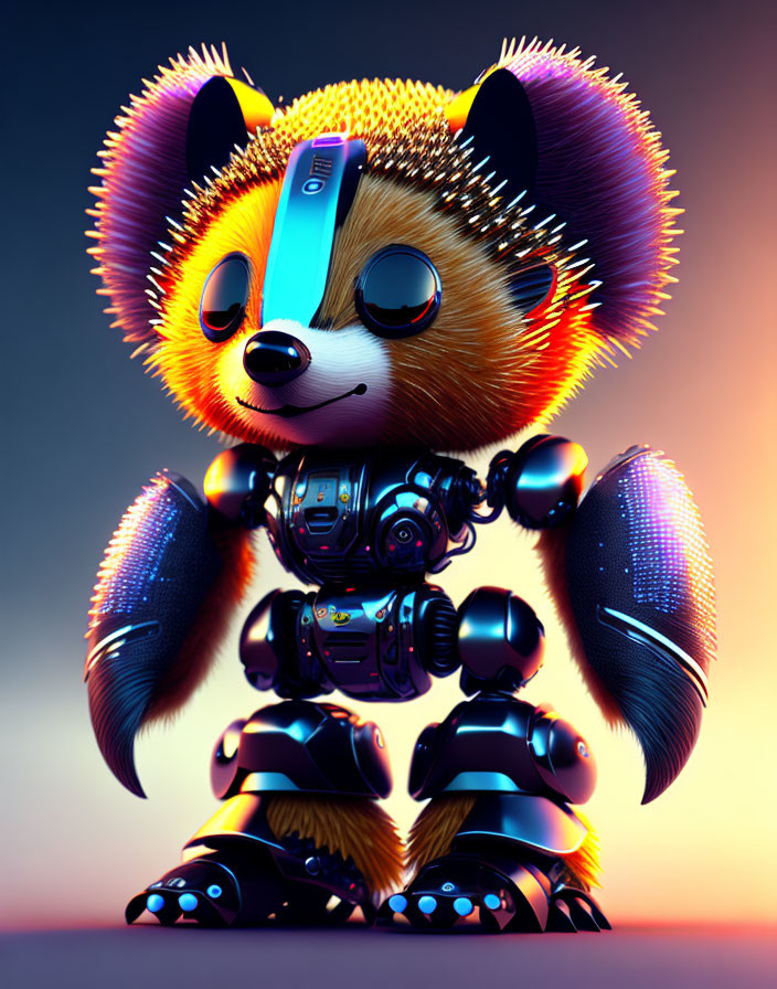 Colorful robotic hedgehog with glowing elements and futuristic armor on gradient background