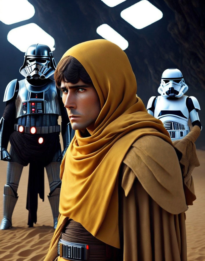 Sci-fi themed illustration: Person in tan cloak with stern expression, alongside suited figure and trooper.