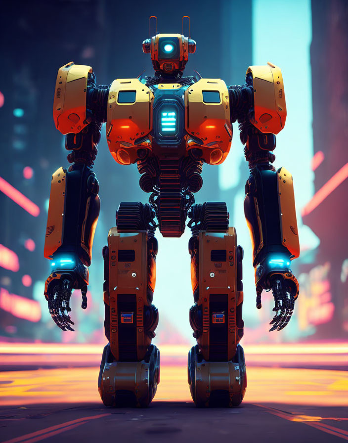 Futuristic humanoid robot in neon-lit cityscape with orange and blue colors