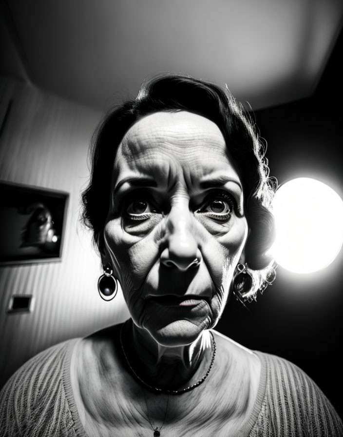 Monochrome close-up portrait of elderly woman with fisheye lens effect and lamp backdrop