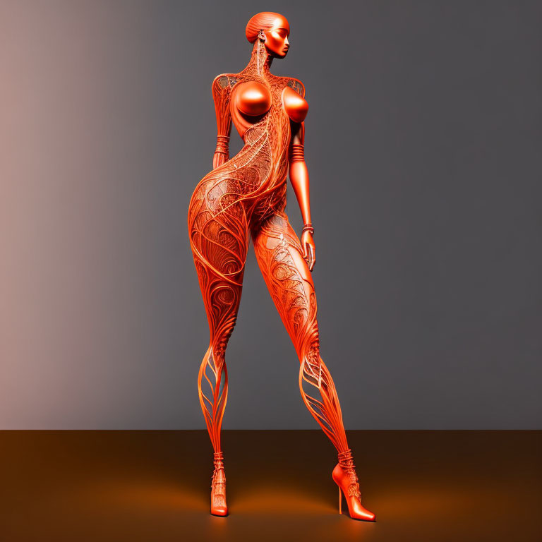 Metallic female figure with intricate patterns on gradient background