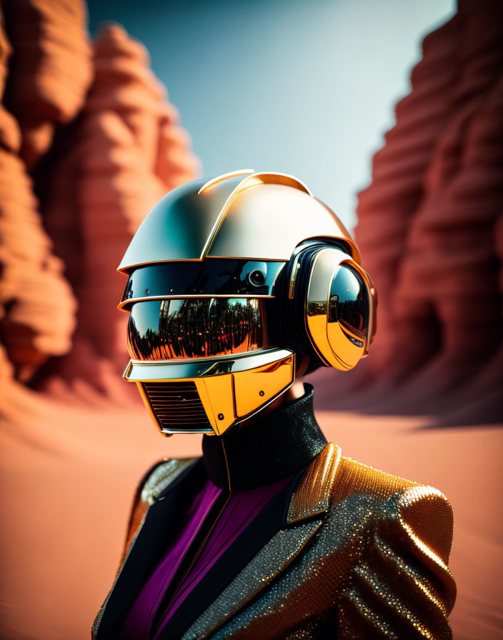 Reflective golden helmet and visor figure in gold and black attire among red rock formations