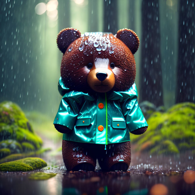 Teal Raincoat Teddy Bear in Wet Forest Setting