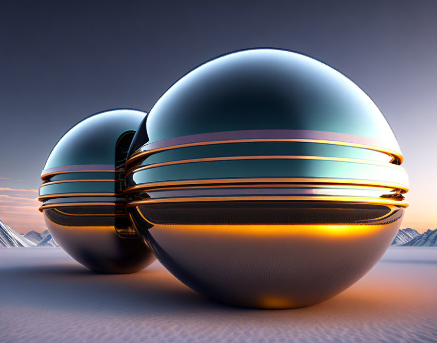 Reflective spherical objects with metallic bands on desert landscape at sunset