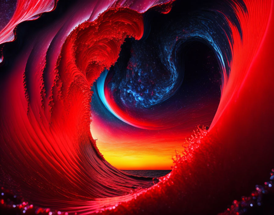 Abstract Red and Blue Swirling Vortex Against Sunset Ocean Sky