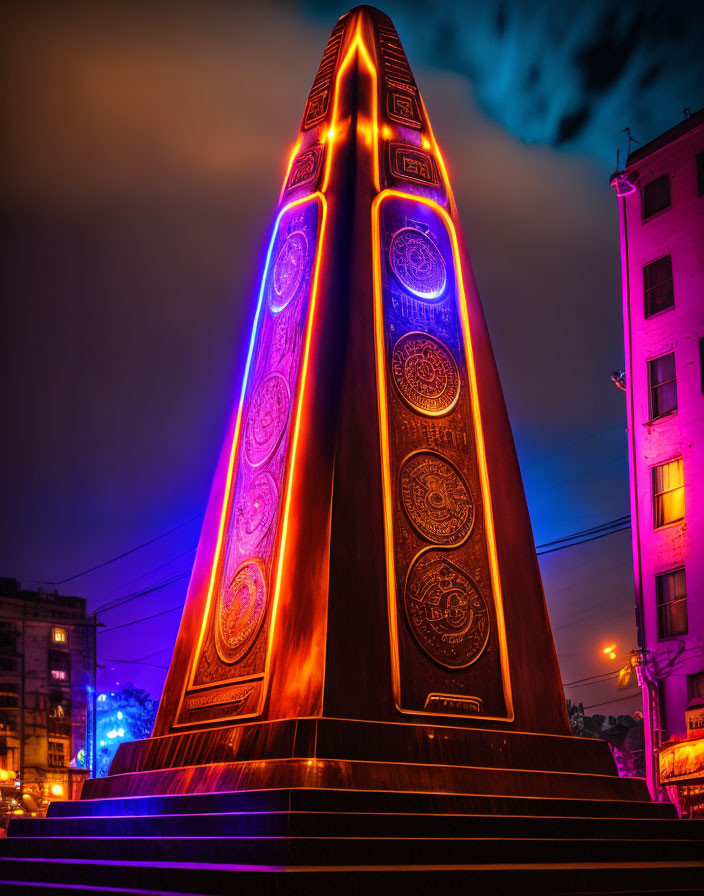 Vibrant red and purple illuminated obelisk in city square at night