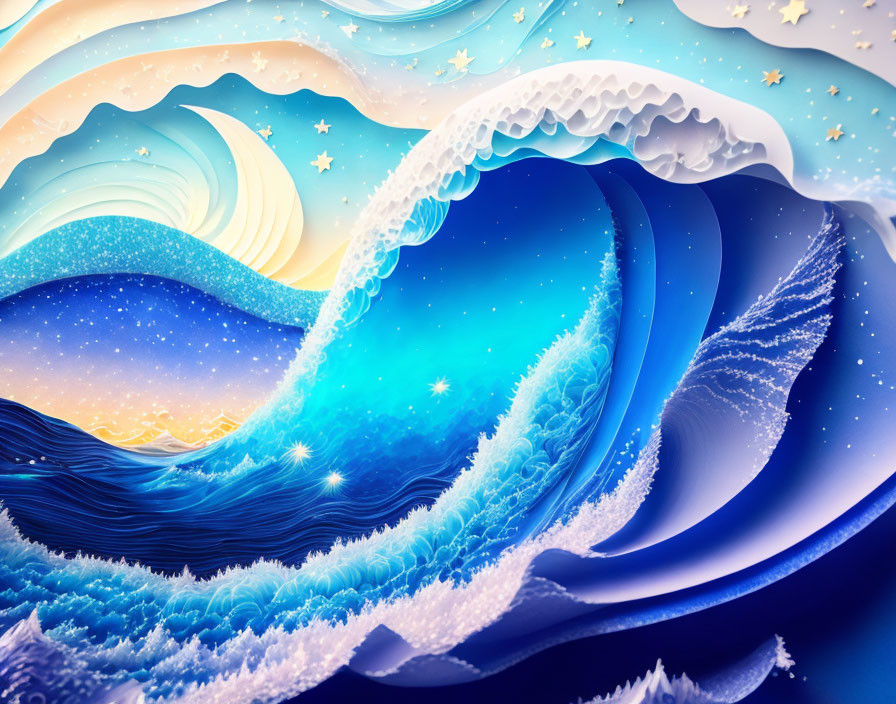 Illustration of ocean waves merging with starry night sky