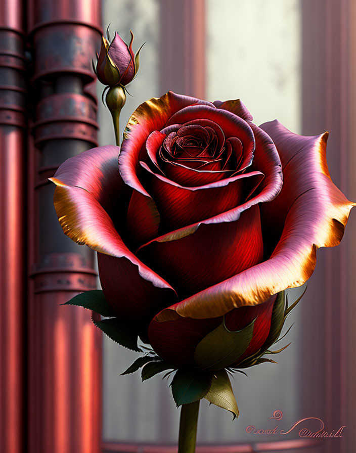 Vibrant red rose with yellow edges on blurred background with vertical pipes