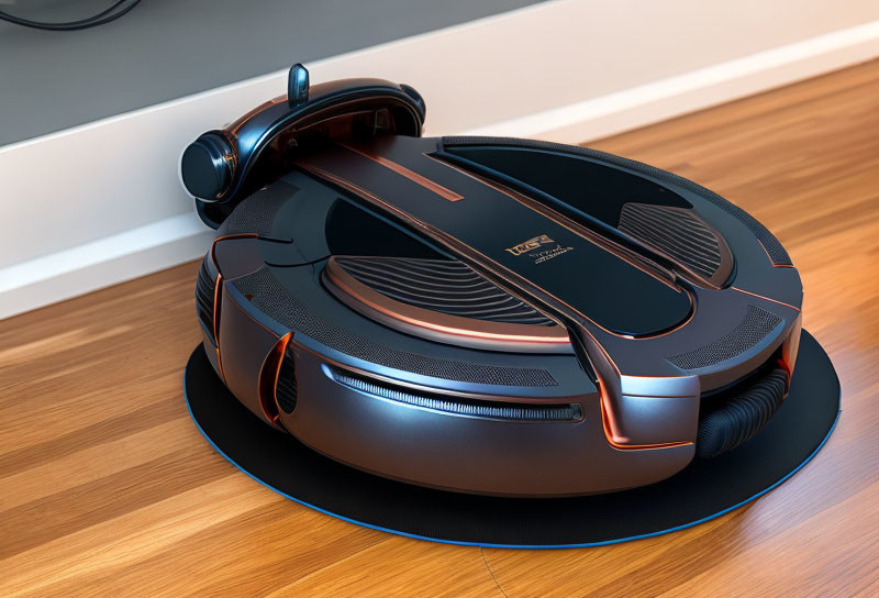 Black and Orange Robotic Vacuum Cleaner on Wooden Floor with Charging Dock