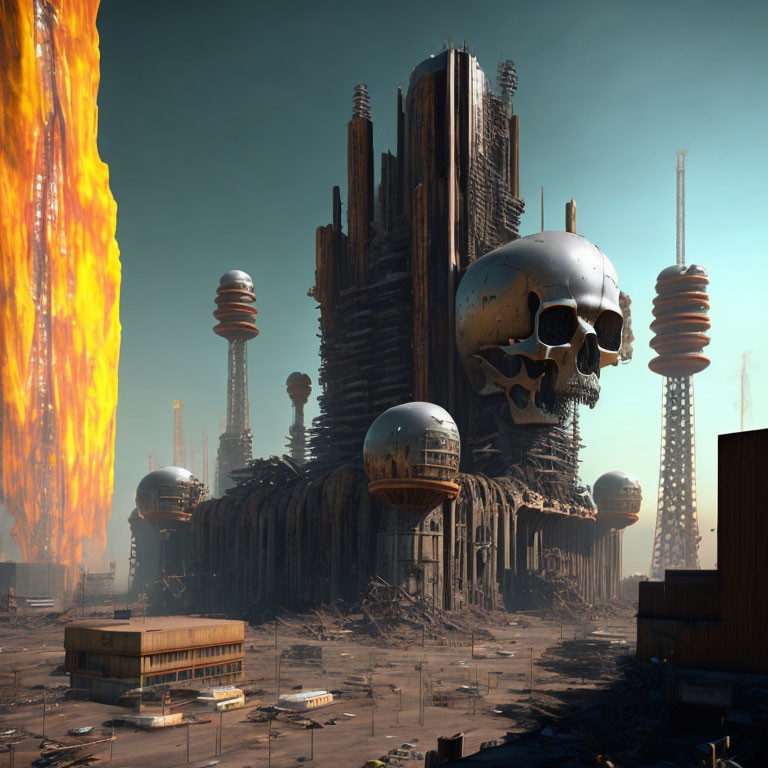 Dark futuristic cityscape with towering skyscrapers, spherical structures, giant skull, hazy sky,