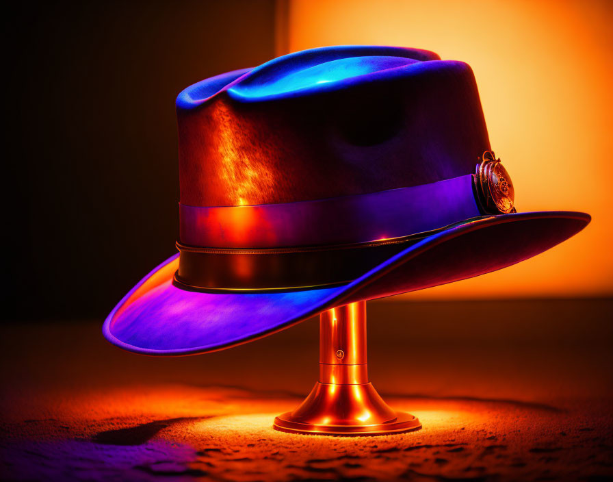 Purple-Banded Fedora Hat with Feather Accent on Stand in Warm Light