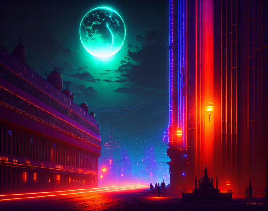 Futuristic neon-lit cityscape with skyscrapers and moon