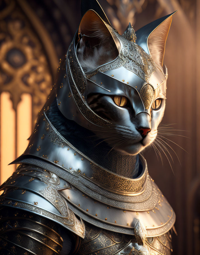 Detailed digital artwork: Cat in medieval armor with intricate filigree on blurred Gothic arch background