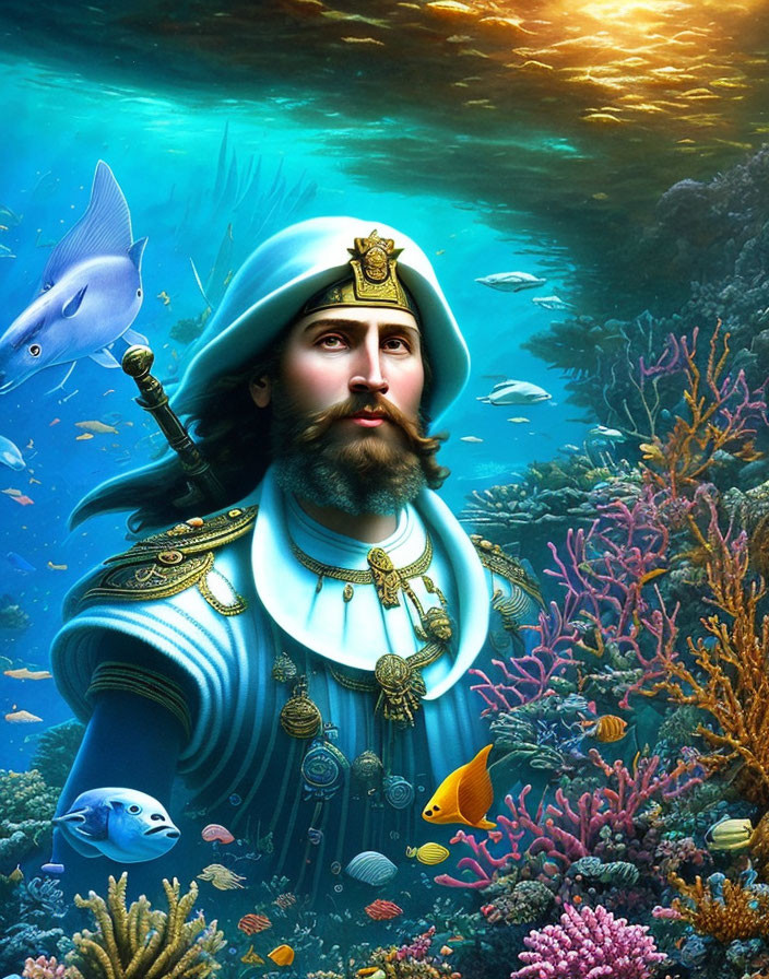 Bearded man in naval uniform underwater with fish and coral reefs