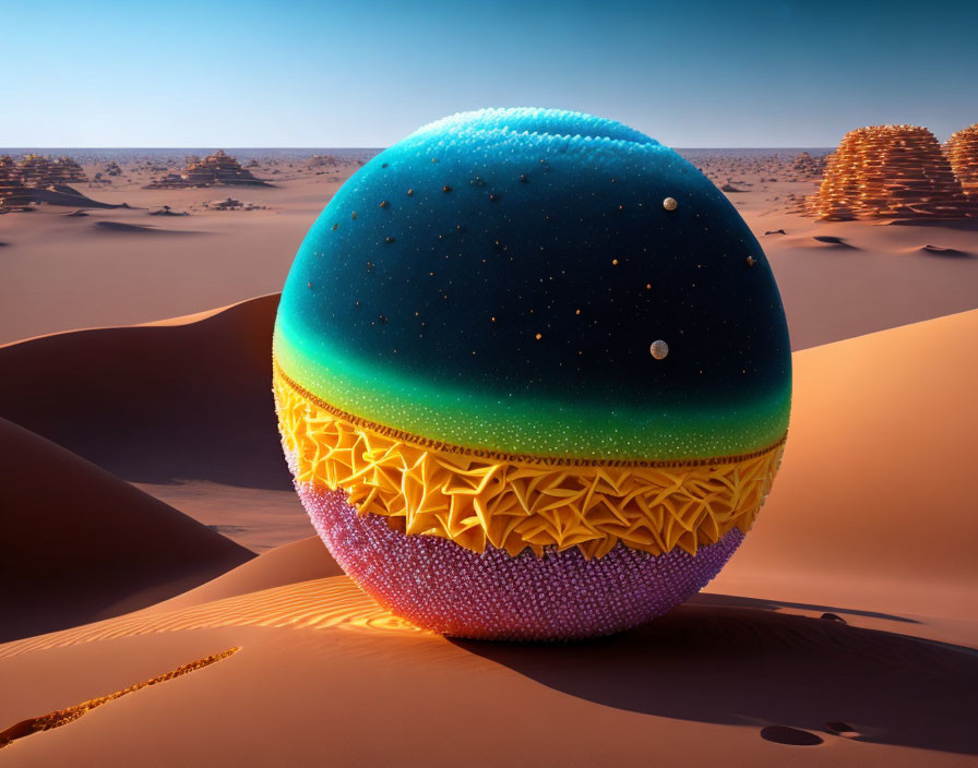 Surreal sphere with layered textures on desert sands