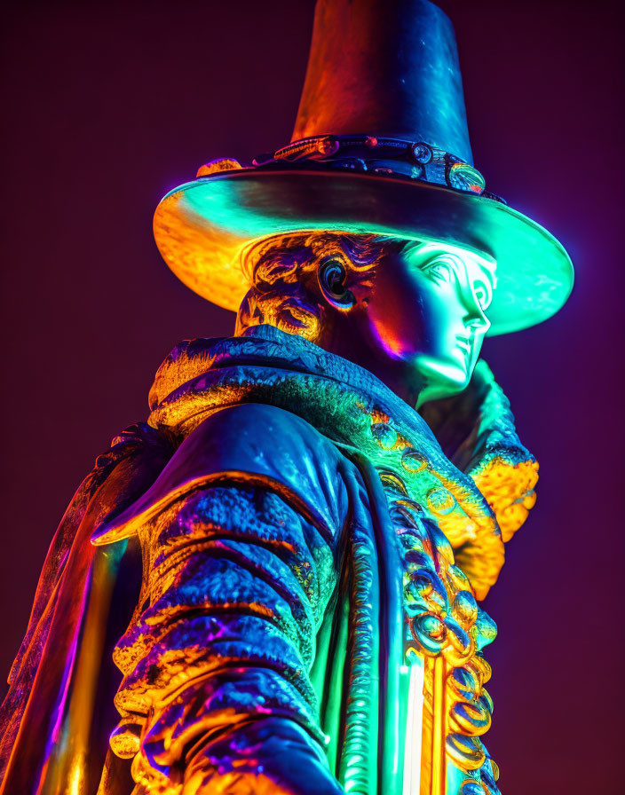 Colorful Close-Up Photo of Statue with Dramatic Hat Under Neon Lights