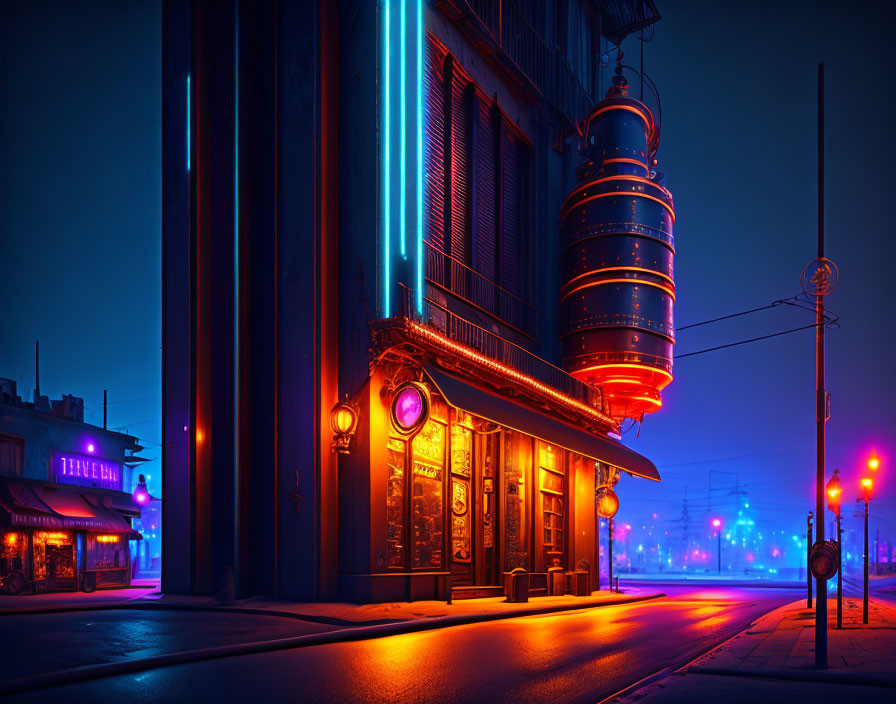 Futuristic neon-lit city street with cylindrical building at night