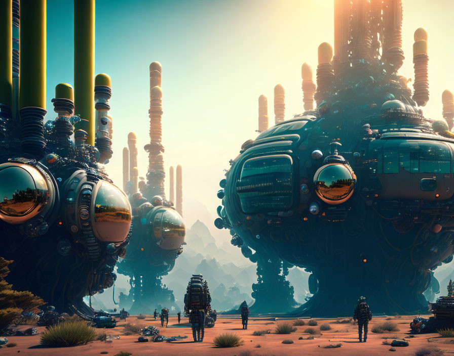 Futuristic landscape with towering structures and spherical buildings in an alien desert