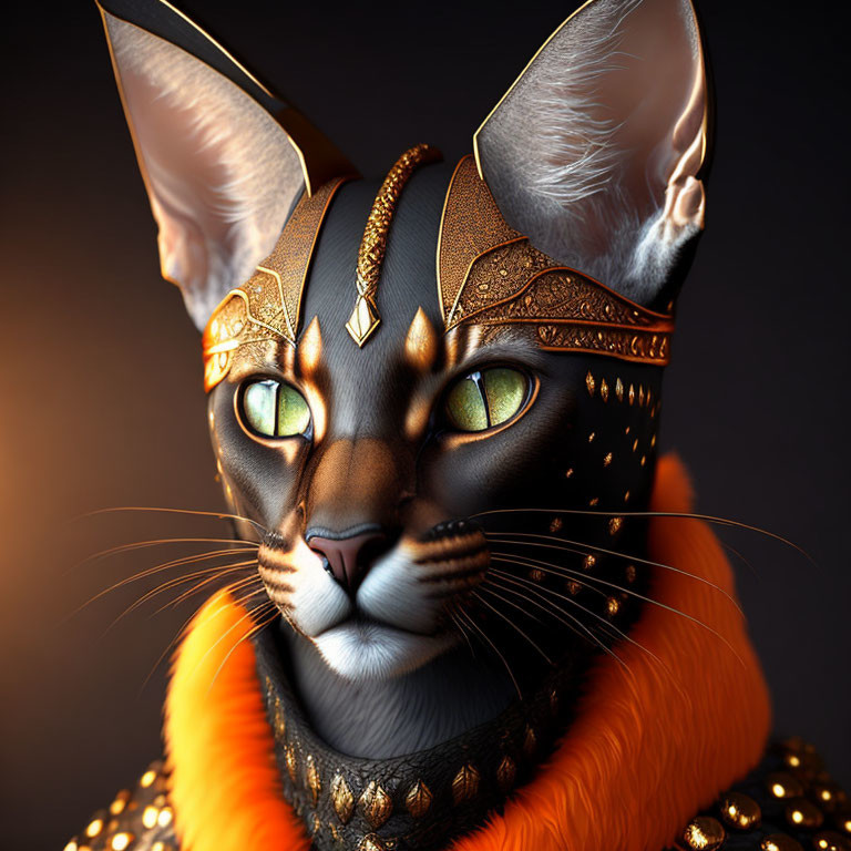 Anthropomorphic cat digital art with Egyptian-style jewelry and headdress