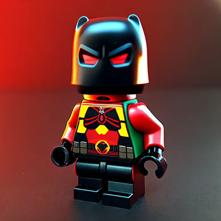 Colorful Toy Figure with Black Mask and Red Eyes on Red Backdrop