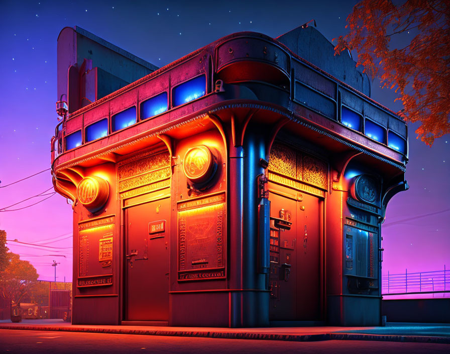 Art Deco corner building with neon lights and colorful sky