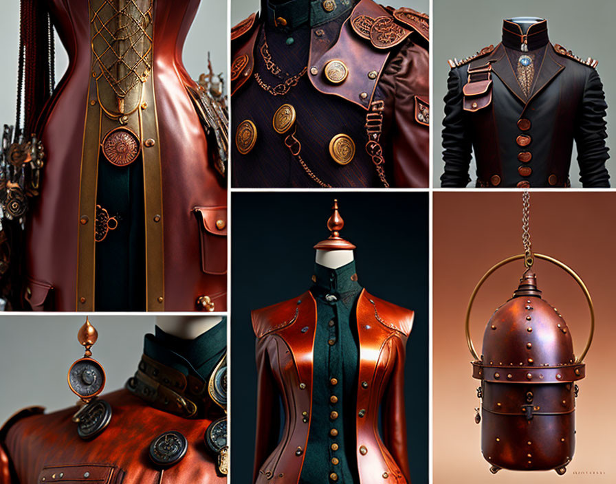 Steampunk-themed wardrobe collection with leather and metallic accents