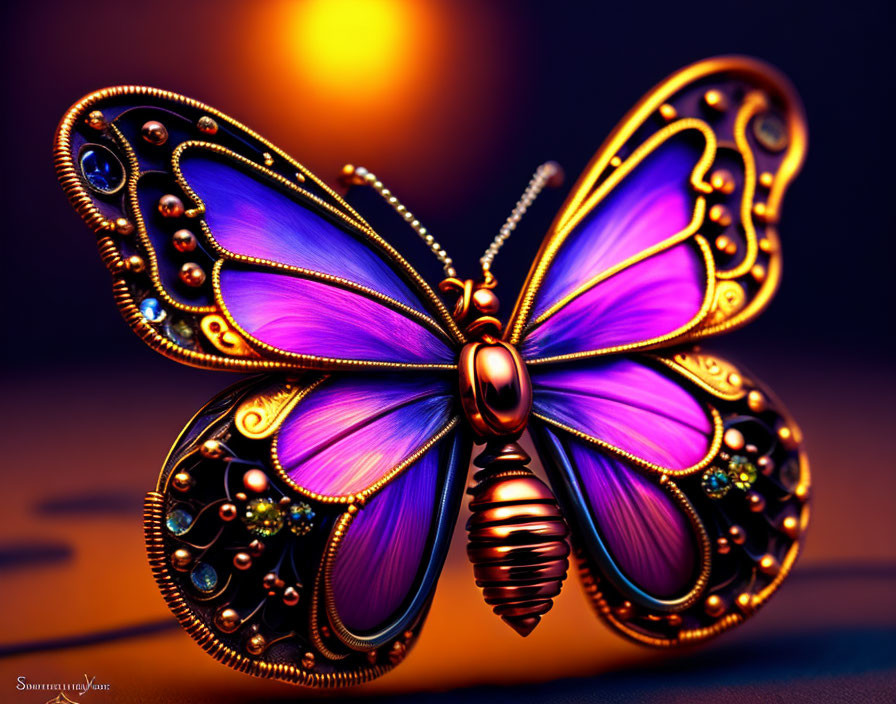 Colorful Stylized Butterfly Artwork with Metallic and Jeweled Elements