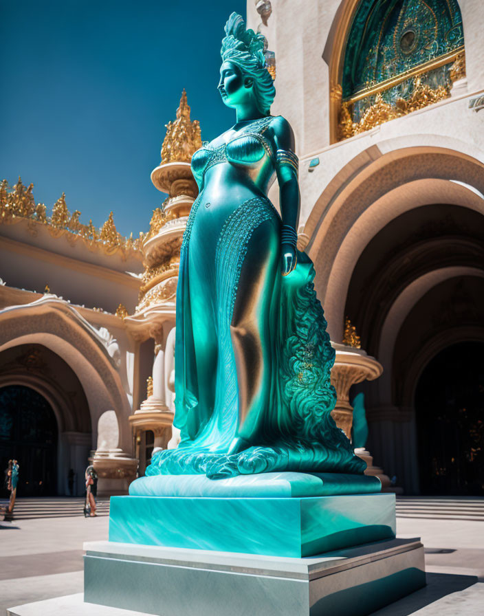 Mythical woman statue in vibrant turquoise color