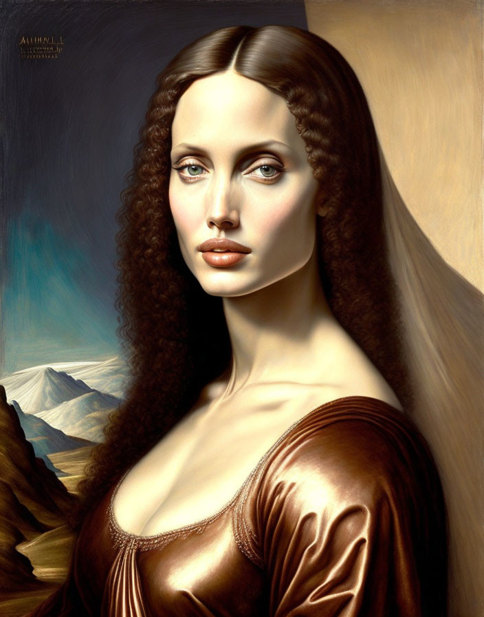 Portrait of woman with long brown hair, blue eyes, in brown satin dress against mountain backdrop