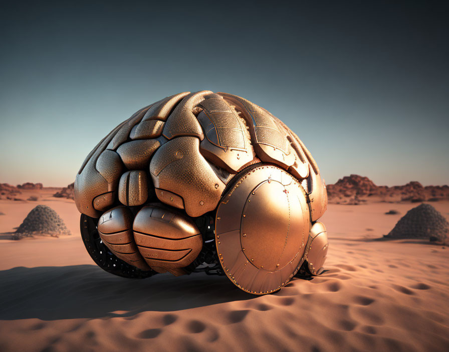 Segmented metallic sphere on desert landscape under clear sky