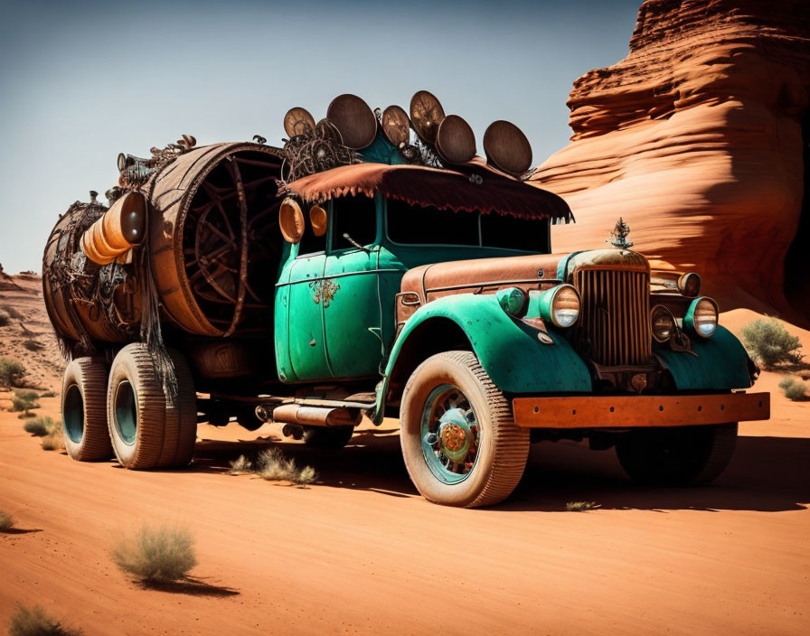 Vintage Teal Truck with Oversized Wheels in Desert Landscape