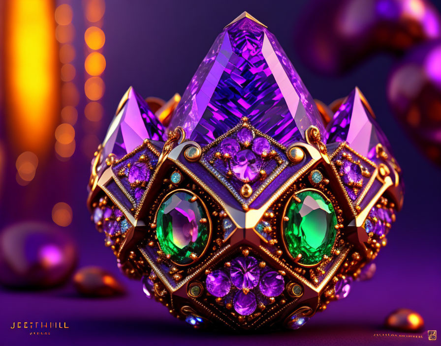 Ornate golden ring with purple and green gemstones on blurred background