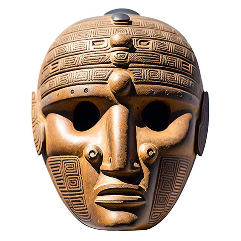 Bronze-colored mask with intricate geometric patterns and somber facial features.