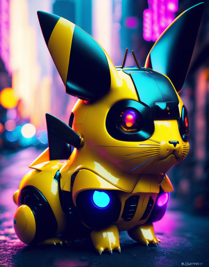 Stylized robotic Pikachu with glowing eyes in neon-lit urban setting