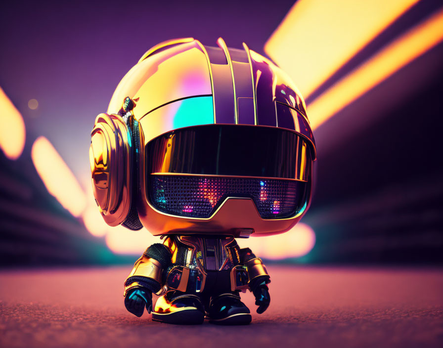 Shiny helmeted figure in futuristic astronaut or robot style against neon-lit purple backdrop