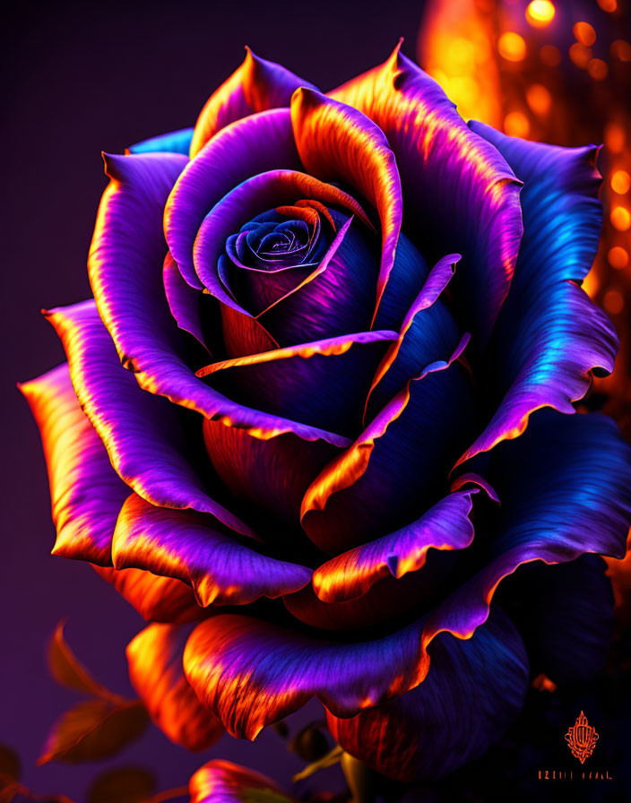 Close-up view of multi-colored rose with purple and blue hues on dark warm bokeh background