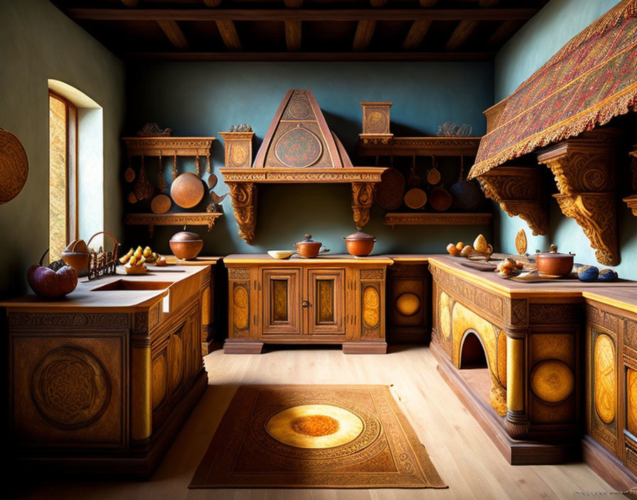 Traditional Wooden Kitchen with Ornate Cabinetry and Central Island