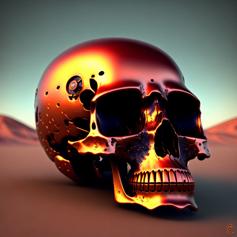 Glossy metallic skull with orange and black hues in desert twilight