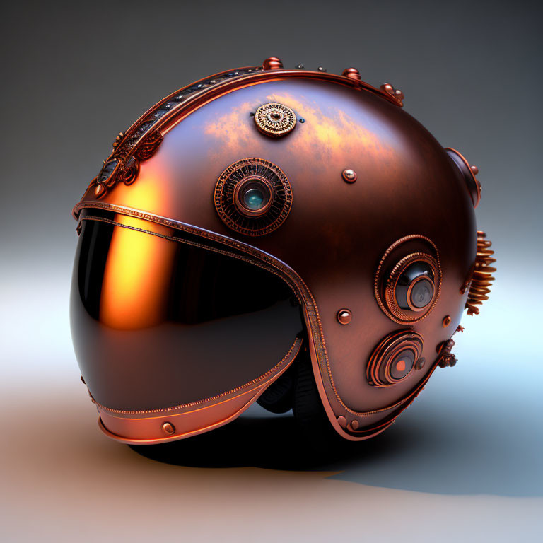 Steampunk-Inspired Helmet with Copper Detailing and Dark Visor