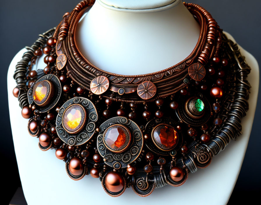 Copper-Toned Necklace with Filigree & Gemstones on Display Bust