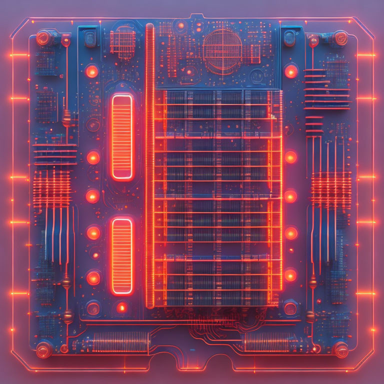 Futuristic neon-lit motherboard with red circuits on blue background