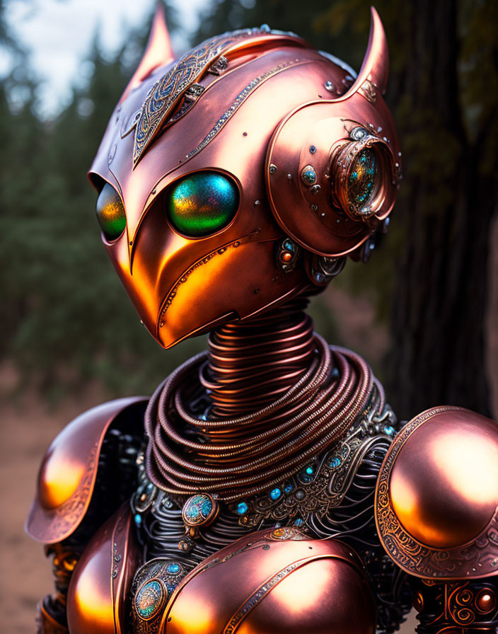 Copper robotic owl head with jeweled eyes on mechanical body in woodland setting